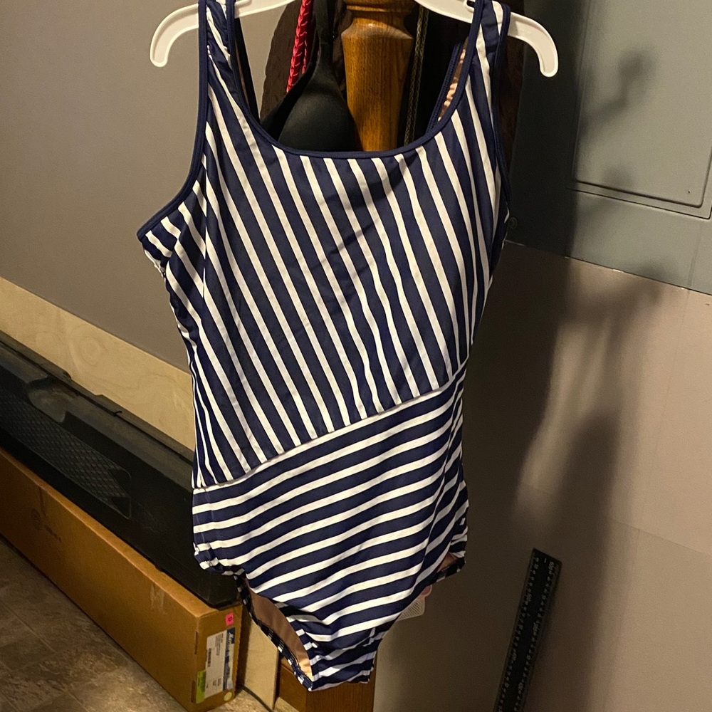 Lands' End Navy and White Striped One Piece Swimsuit